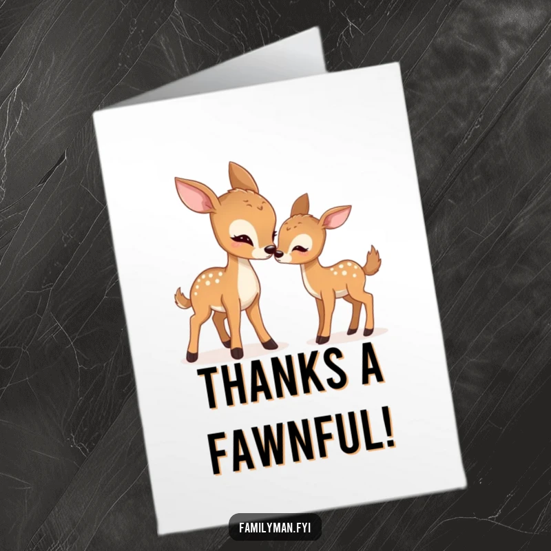 Funny Free Printable Thank You Card: Gentle deer nudges fawn playfully, sweet family moment, perfect downloadable gift.