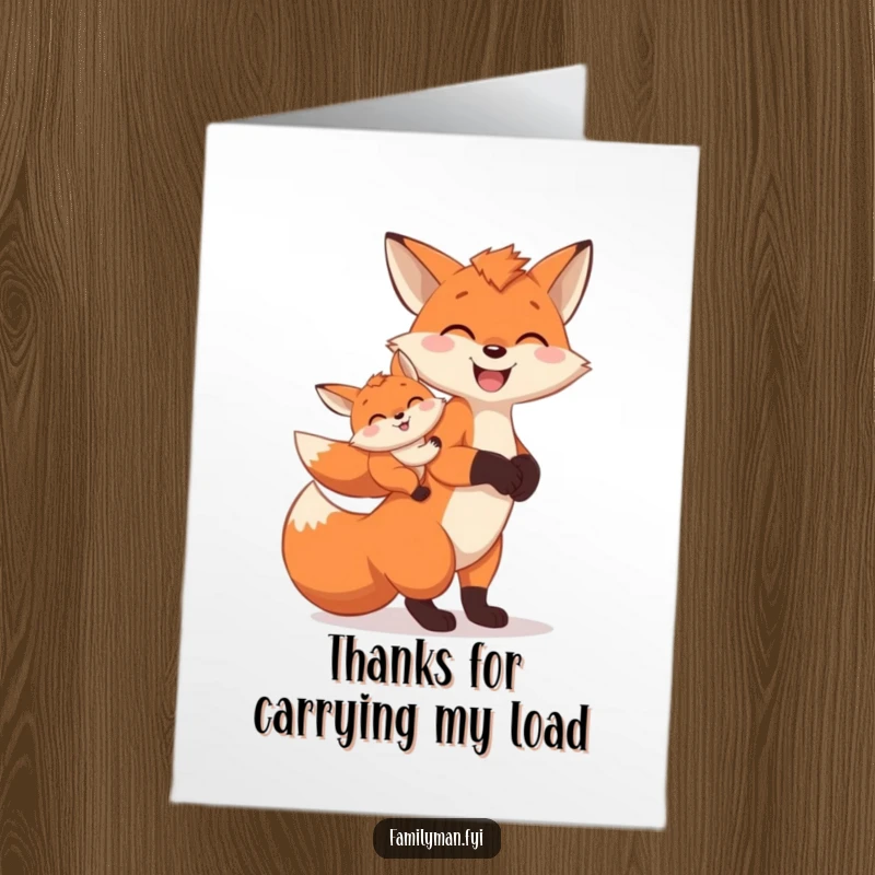 Funny Free Printable Thank You Card: A devoted father fox carrying a baby fox, symbolizing support and love.