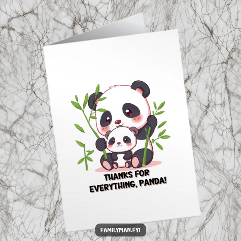 Funny Free Printable Thank You Card: Focused panda shares bamboo with offspring, caring parent, perfect downloadable gift.