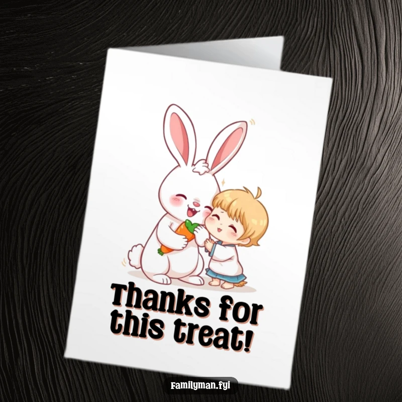 Sweet Free Printable Thank You Card: Loving rabbit sharing a carrot with a child, conveying gratitude through a gentle act.