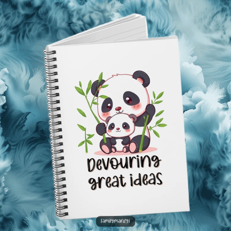 Funny panda notebook showing a parent panda sharing bamboo with its offspring, perfect for calm note-taking.