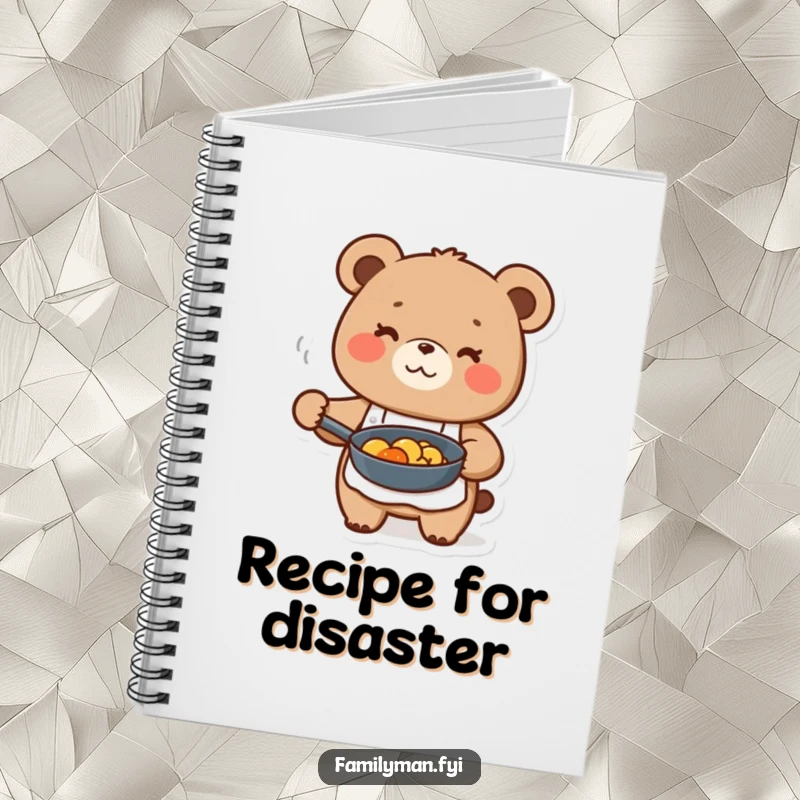 Funny cute bear character in apron, holding a frying pan with food, on a notebook cover.
