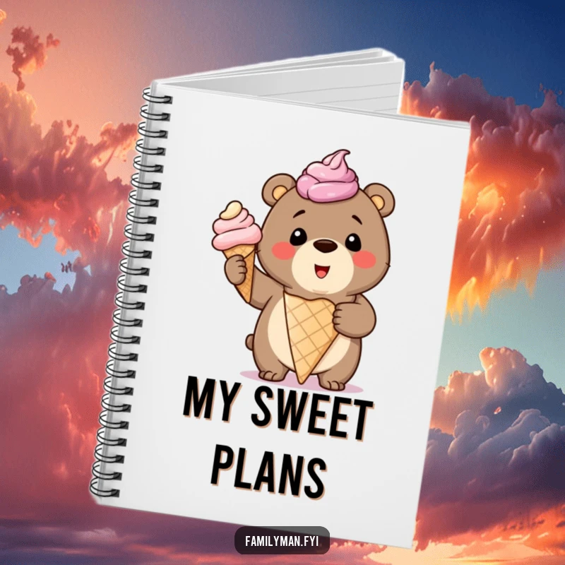 Funny Notebook with a smiling bear cub proudly holding a giant, overflowing ice cream cone, perfect for jotting down ideas.