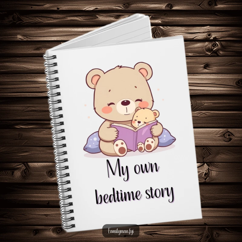 Funny happy bear cub reading a bedtime story to a tiny cub, a humorous notebook.