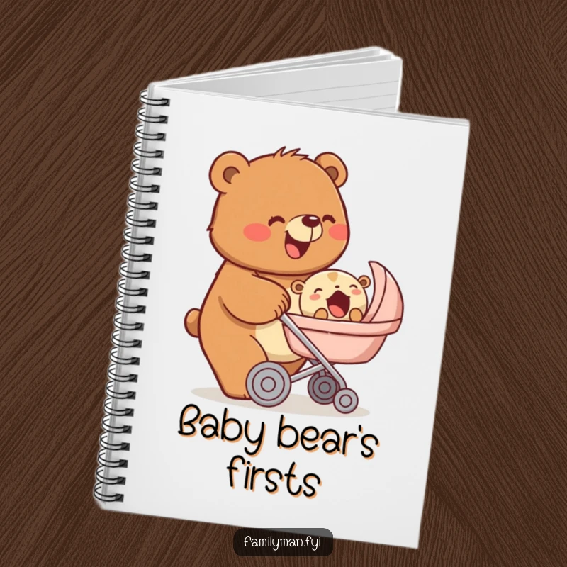 Funny notebook featuring a beaming bear pushing a stroller with a yawning baby animal, encouraging memory keeping, a useful funny gift.