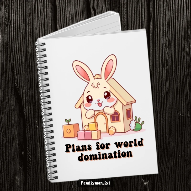 Funny playful bunny character building a house with blocks, on a notebook cover for planning.
