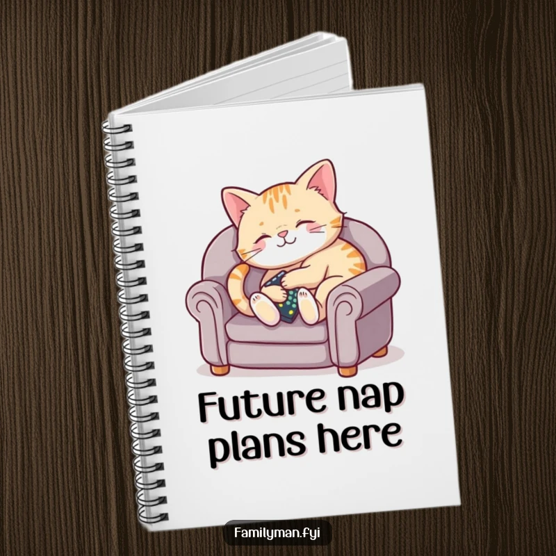Funny notebook cover with a plump cat lounging on a miniature couch, holding a remote.