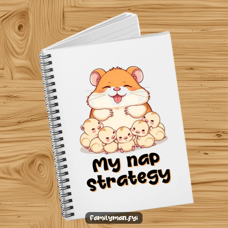 Funny delighted dad hamster napping with his babies, on the cover of a notebook. A humorous and cute design for capturing thoughts and ideas.