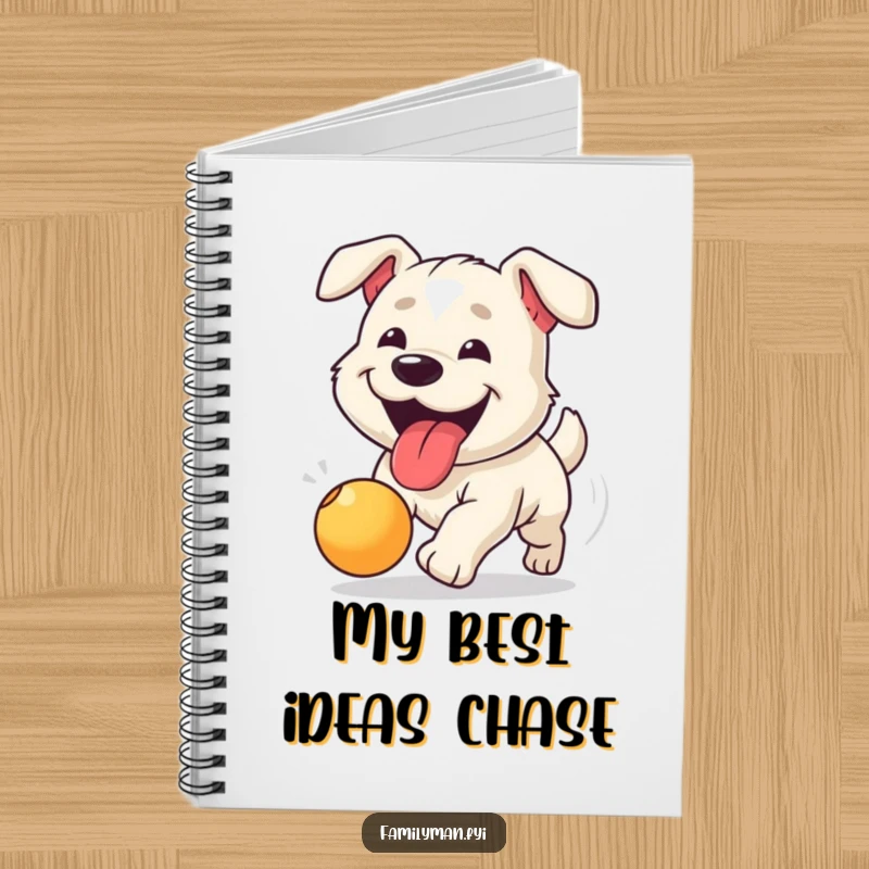 Funny notebook cover with a happy dog, tongue lolling out, enthusiastically chasing a bouncing ball.