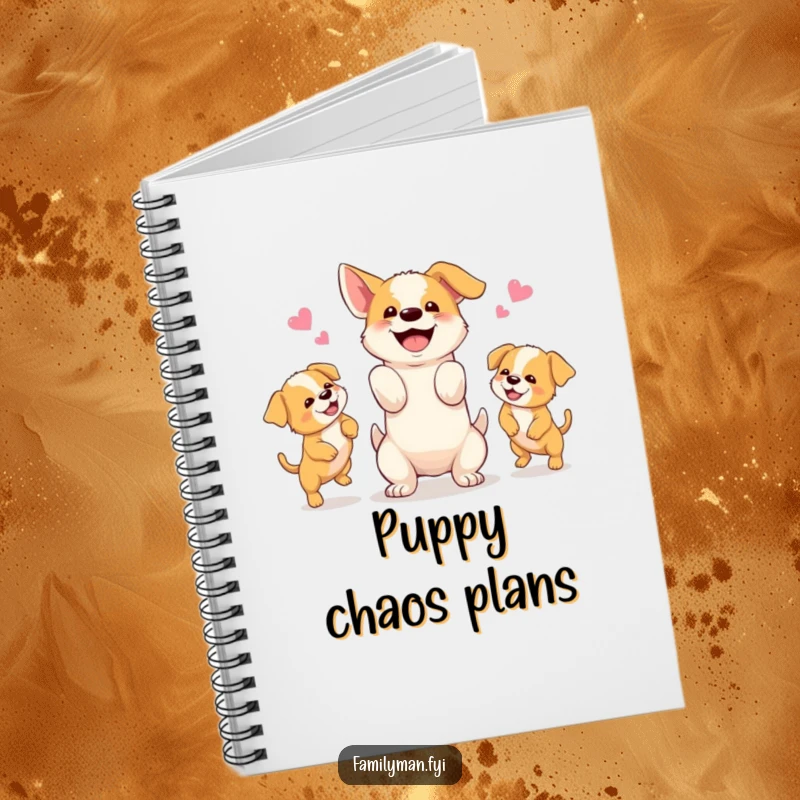 Funny notebook with a happy dog juggling three playful puppies, encouraging note-taking and creative ideas.