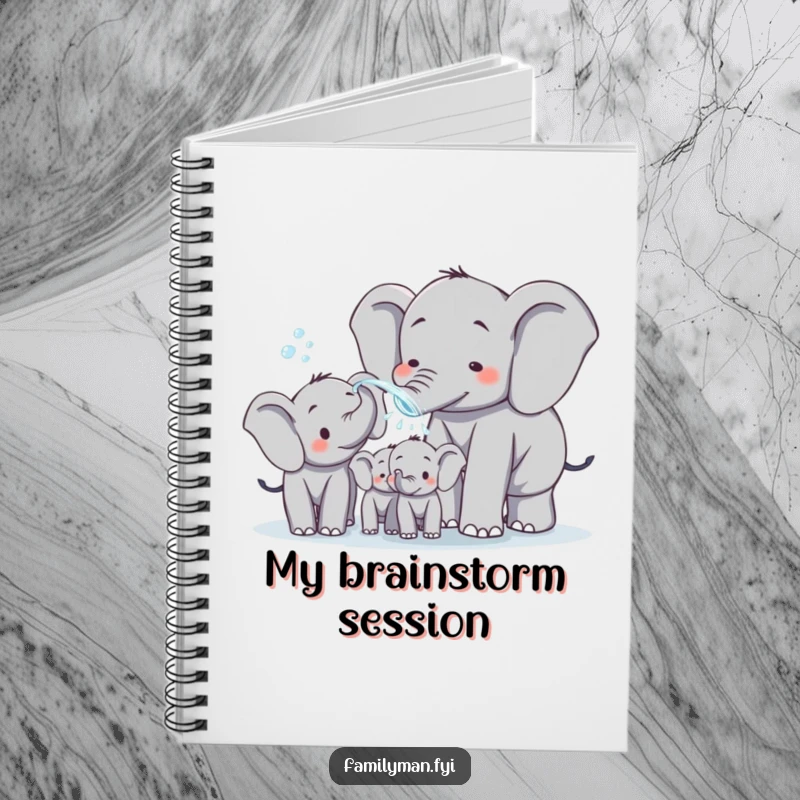 Funny elephant dad spraying water on his family, illustrated on the cover of a notebook. Encourages creative expression with a touch of playful humor.