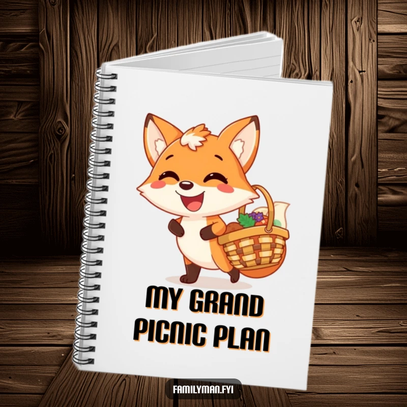 Funny notebook with a joyful fox carrying a picnic basket, its satisfied grin encouraging creative writing and note-taking.