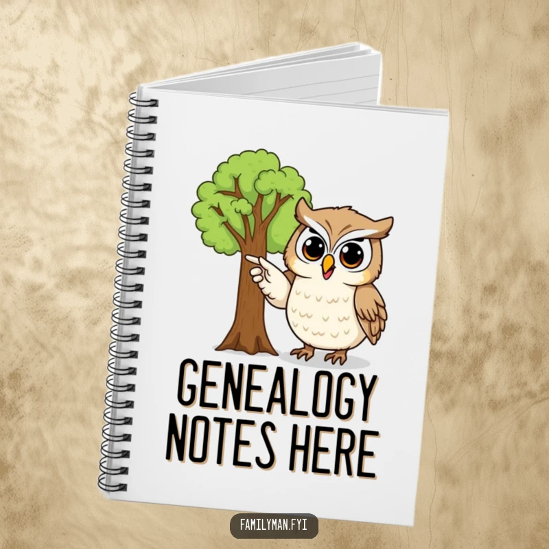 Funny owl notebook with a proud owl character pointing to a detailed family tree, perfect for journaling family history.