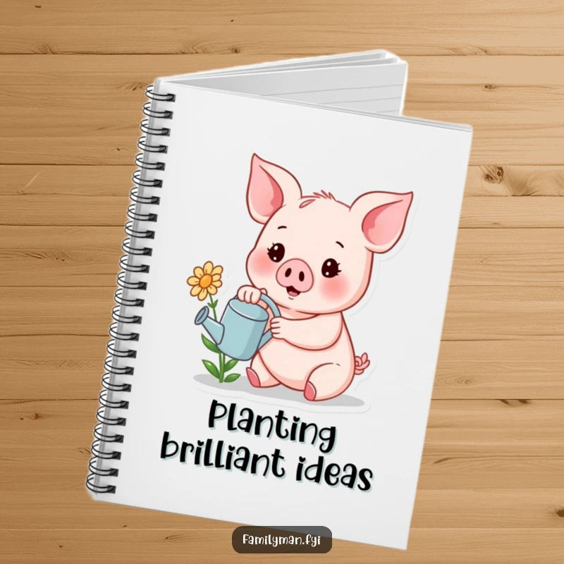 Funny notebook cover with a cheerful piglet holding a tiny watering can, tending to a small, smiling flower.