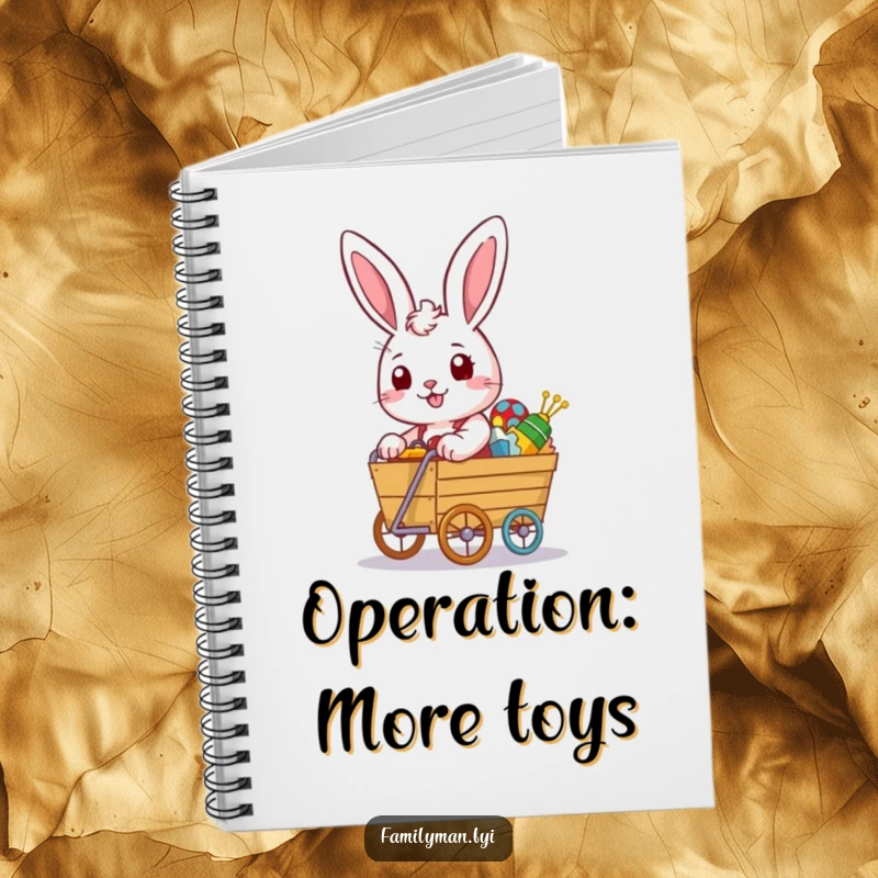 Funny rabbit notebook with a determined look pushing an overflowing toy cart, for logging collections and ideas.