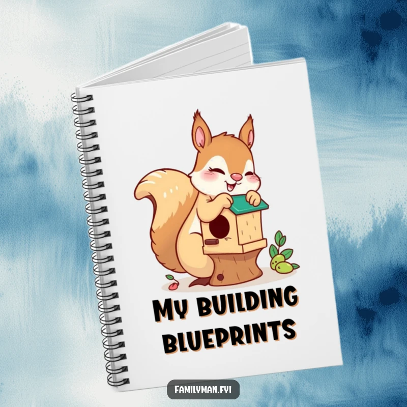 Funny playful squirrel notebook cover, featuring a squirrel building a birdhouse, ideal for capturing project ideas and plans.