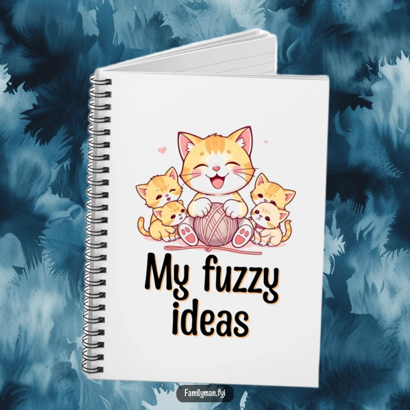 Funny lined notebook featuring a joyful cat character playing with a ball of yarn, surrounded by playful kittens, perfect for jotting down notes and ideas.