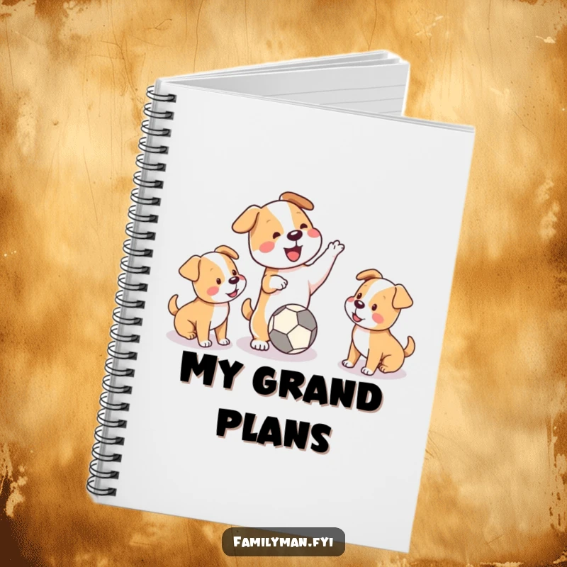 Funny notebook featuring a playful dog playing fetch with two puppies, encouraging fun notes and creative ideas.