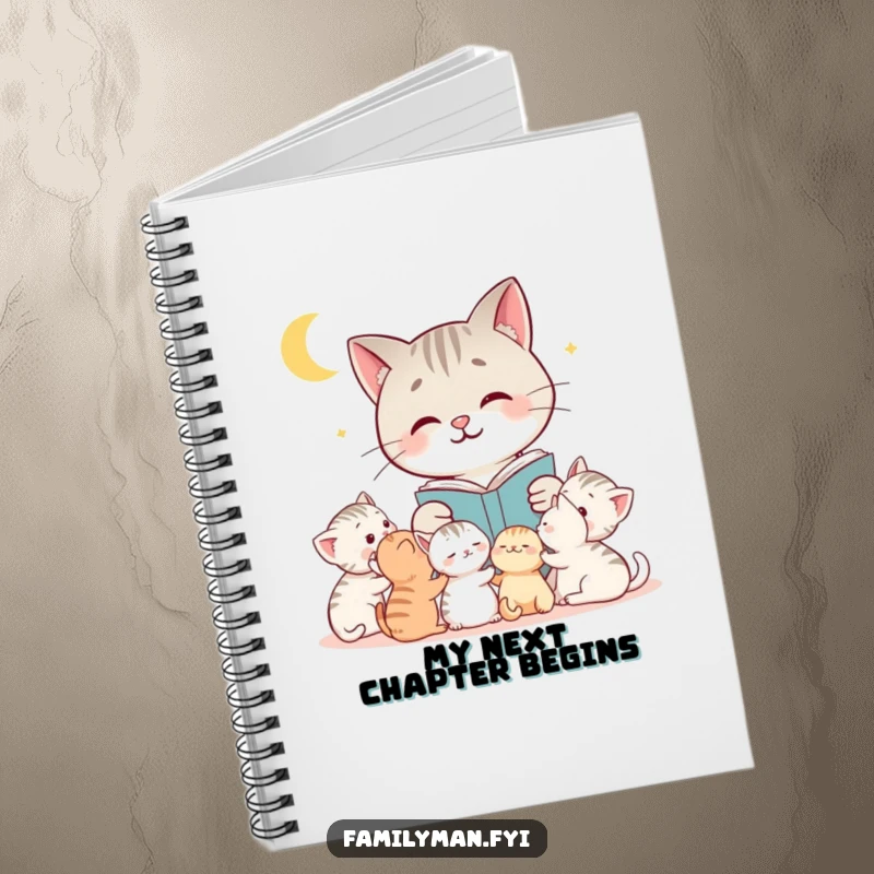 Funny cat notebook with a mother cat reading a sweet bedtime story to her little kittens, perfect for journaling and notes.