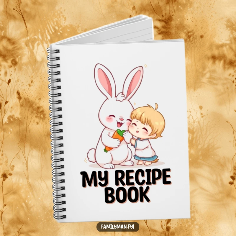Funny notebook featuring a loving rabbit sharing a carrot with a child, encouraging kind thoughts and gentle notes.