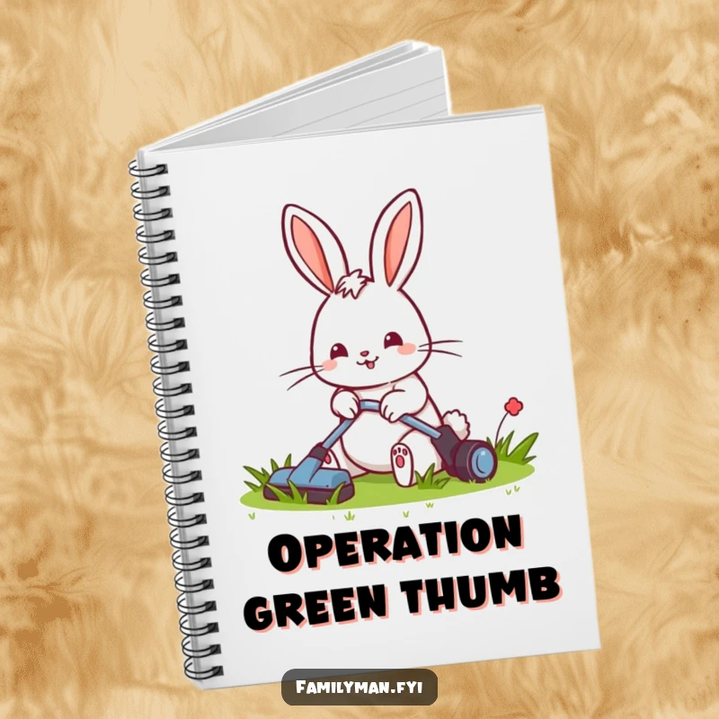 Funny notebook with a cheerful rabbit mowing a small, tidy lawn, perfect for garden notes and creative ideas.