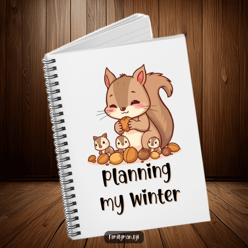 Funny squirrel notebook showing a parent squirrel gathering nuts with its children, perfect for jotting down organized thoughts.