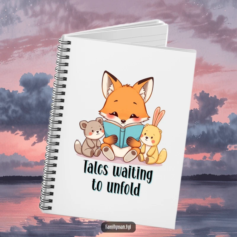 Funny lined notebook featuring a curious fox character reading a book to a group of attentive stuffed animals, perfect for jotting down notes and ideas.