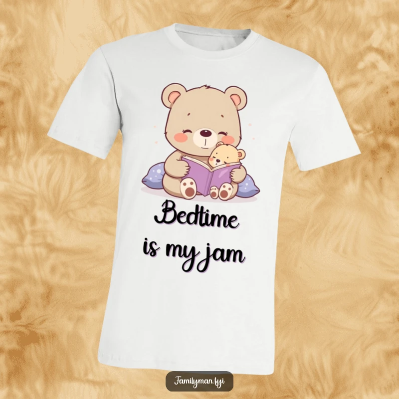 Funny happy bear cub reading a bedtime story to a tiny cub, perfect for a humorous t-shirt.