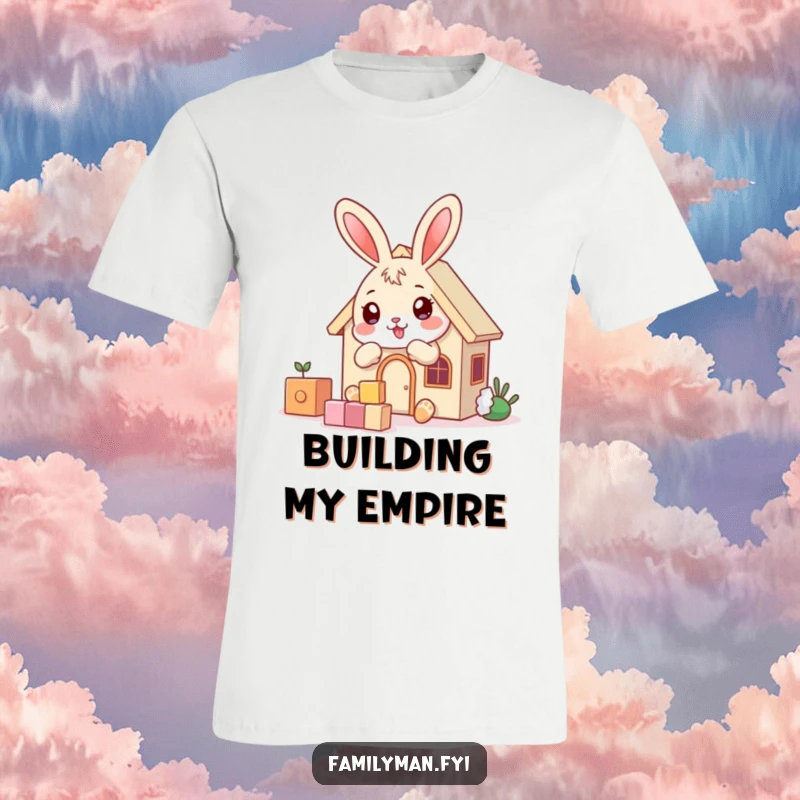 Funny playful bunny character building a house with blocks, on a t-shirt, symbolizing creativity and effort.