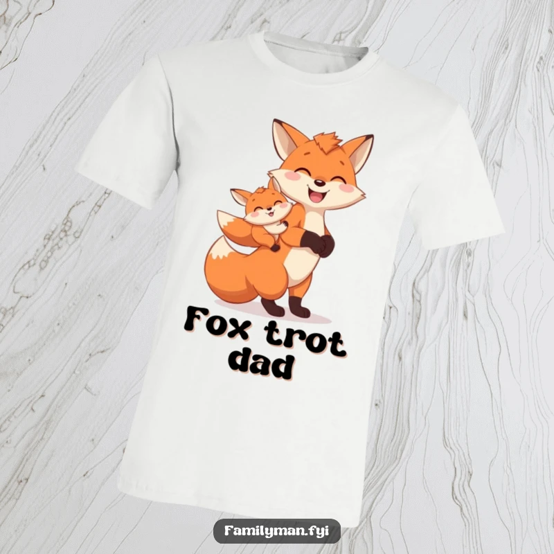 Funny T-Shirt featuring a cheerful father fox character carrying a baby fox on its back, highlighting devotion.