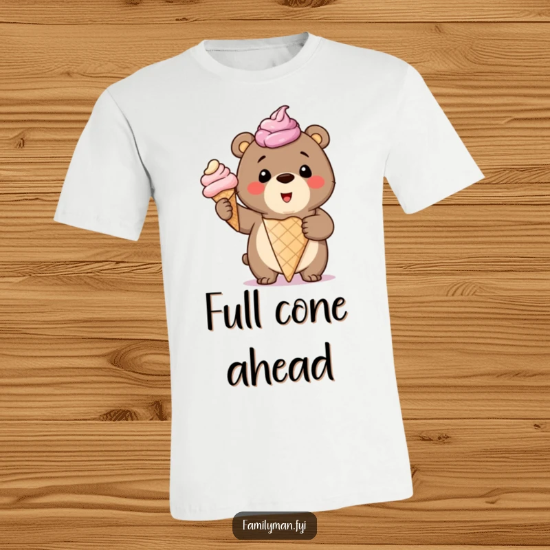 Funny T-Shirt of a smiling bear cub proudly holding a massive, dripping ice cream cone, symbolizing sweet moments.