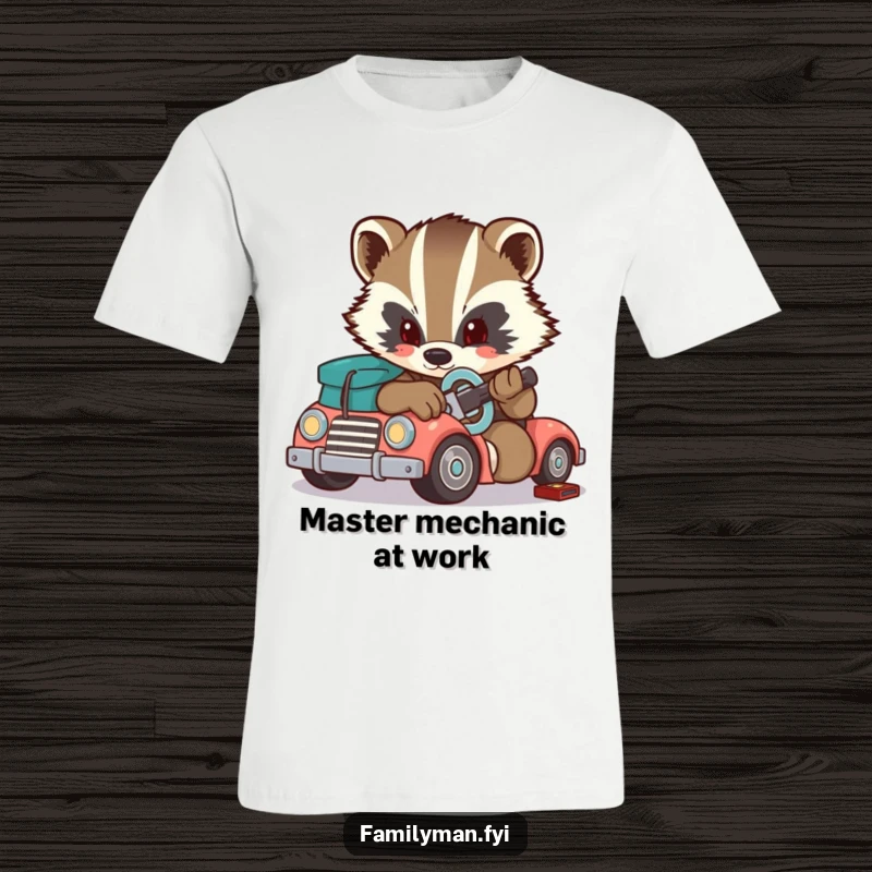 Funny badger t-shirt, a determined badger using a small wrench to fix a broken toy car. Perfect for makers.