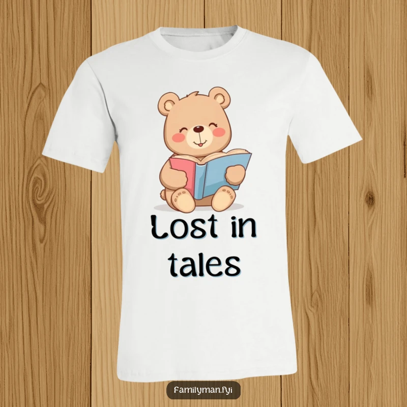 Funny bear t-shirt with a warm smile contentedly reading a large storybook, promoting relaxation and reading.