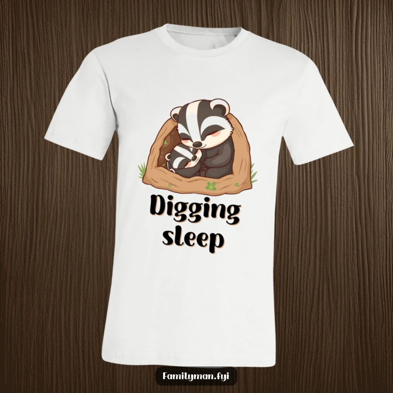Funny Dad Badger T-Shirt: A caring father badger character tucking his young into a cozy burrow, signifying safety and paternal care.