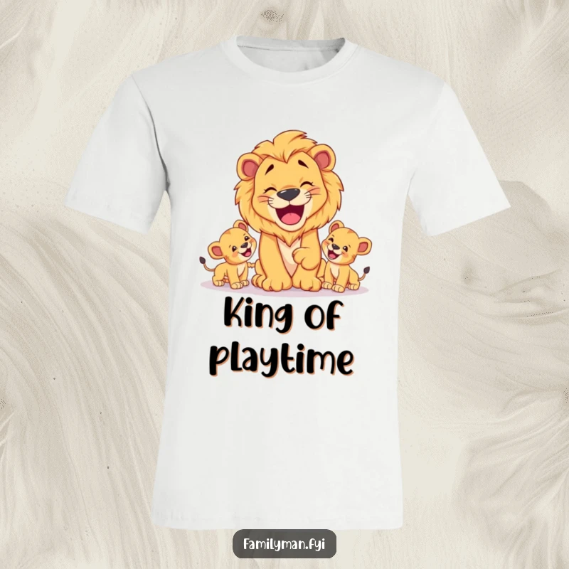 Funny Dad Lion T-Shirt: A happy lion dad playing fetch with his cubs, a humorous shirt for proud fathers.
