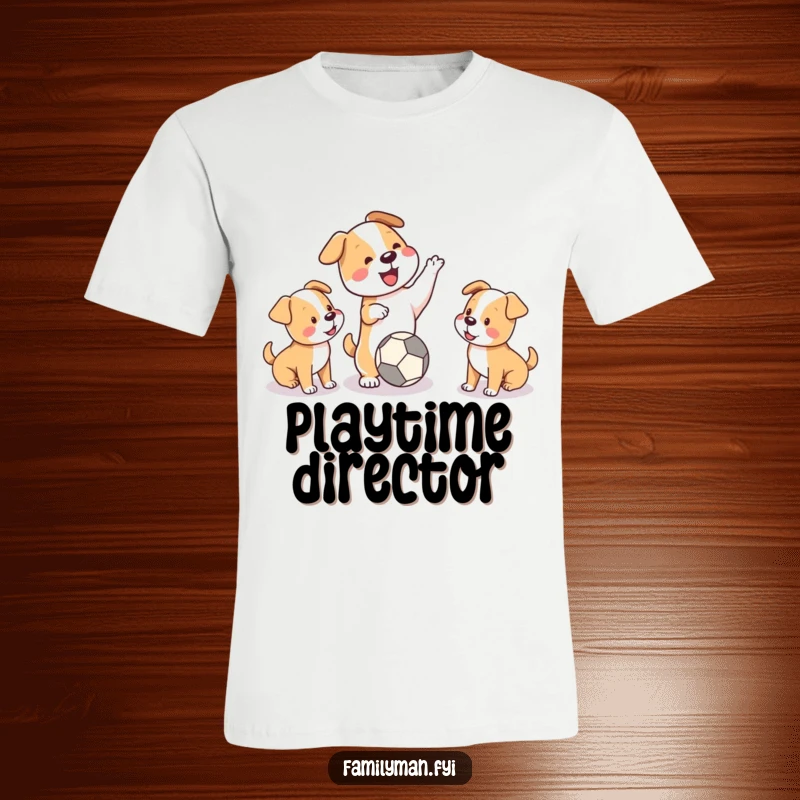 Funny t-shirt featuring a playful dog throwing a ball for two puppies, celebrating the excitement of a lively game.