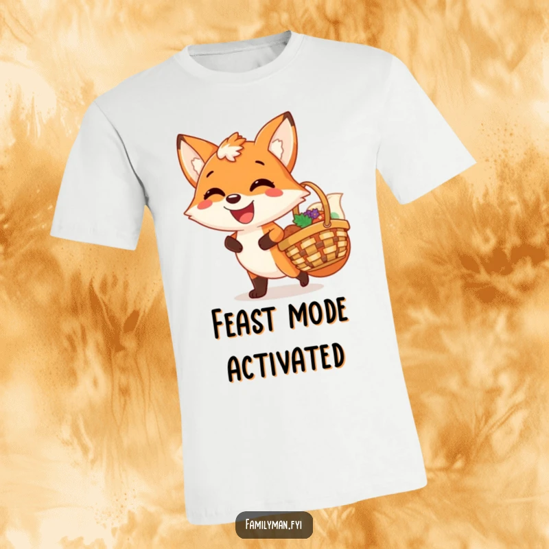 Funny T-shirt showcasing a joyful fox carrying a picnic basket, sporting a wide, deeply satisfied grin, ready for adventure.