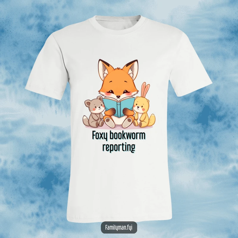 Funny t-shirt depicting a curious fox character enthusiastically reading a book to a captivated group of cute stuffed animals, highlighting a love for stories.
