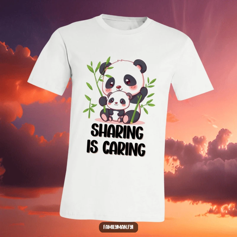 Funny panda t-shirt featuring a parent panda sharing bamboo with its offspring, a humorous depiction of shared calm.