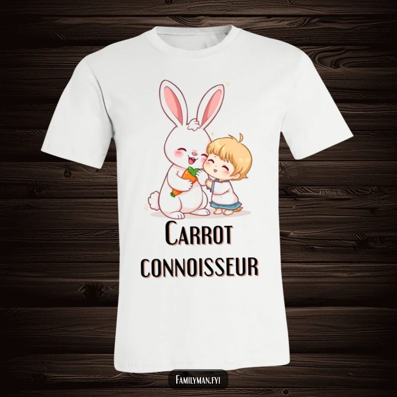 Funny t-shirt with a loving rabbit sharing a carrot with a child, representing kindness, sharing, and gentle companionship.