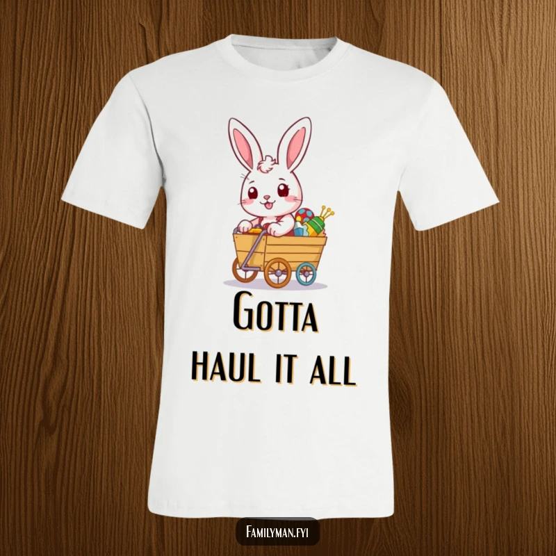 Funny rabbit t-shirt with a determined look pushing an overflowing toy cart, celebrating abundance and play.