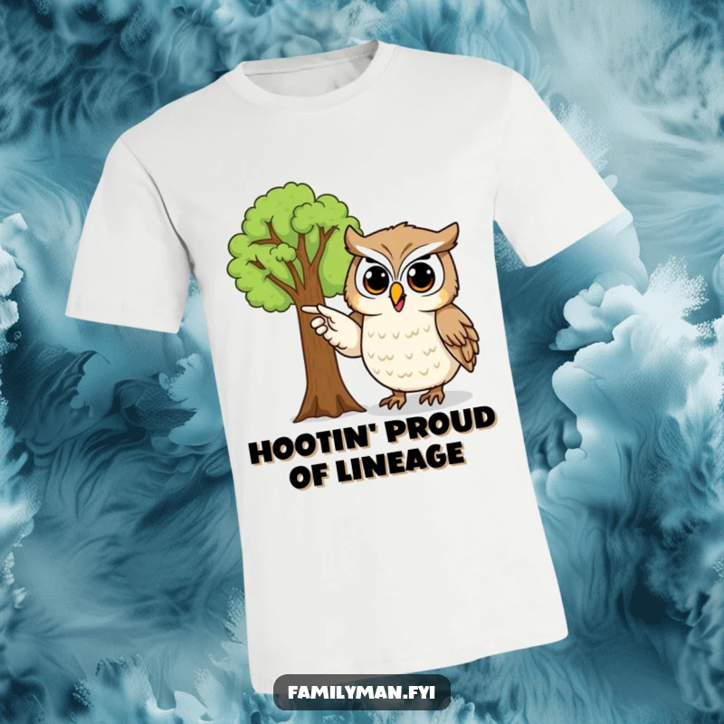 Funny owl t-shirt featuring a proud owl character highlighting a detailed family tree, perfect for genealogy lovers.
