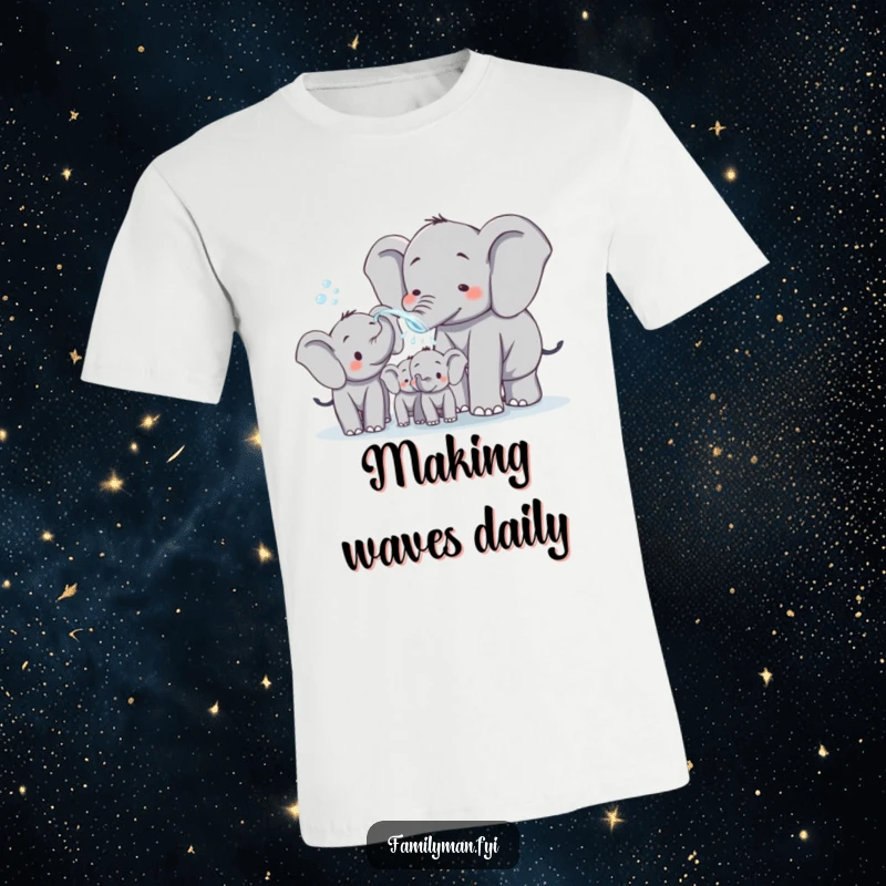 Funny elephant dad playfully spraying water on his family, printed on a soft t-shirt. Expresses joy and lighthearted fatherhood with humorous charm.