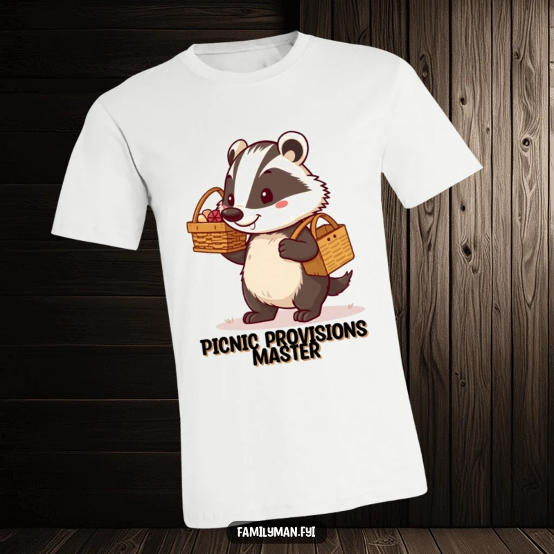Funny determined dad badger carrying a picnic basket with a proud grin, printed on a t-shirt. A humorous depiction of a dad's commitment and joy.