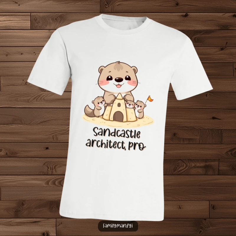 Funny Otter T-Shirt: A cheerful otter parent watches as two young otters enthusiastically build a sandcastle on a bright, sunny beach.