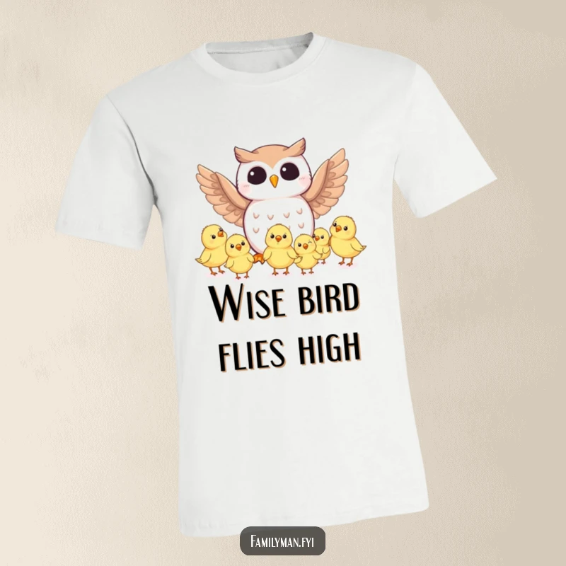 Funny owl character leading a flying lesson for small chicks on a soft t-shirt, showcasing humor and mentorship.
