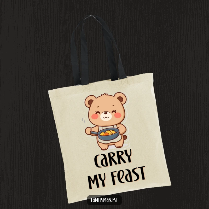 Funny cute bear character in apron, holding a frying pan with food, on a stylish tote bag.