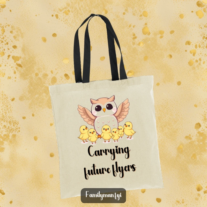 Funny owl character sharing flight secrets with eager chicks on a durable tote bag, a humorous and practical accessory.