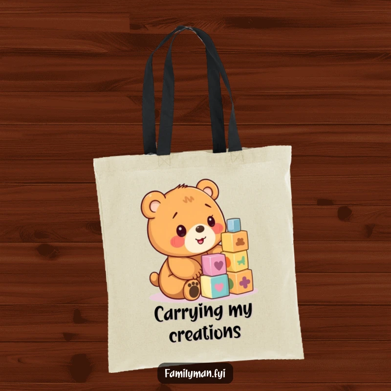 Funny tote bag with a cheerful bear cub stacking colorful wooden blocks.