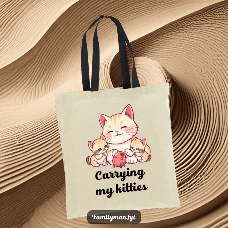 Funny proud dad cat watching kittens bat at a toy mouse, illustrated on a stylish tote bag. A charming and humorous accessory for cat lovers.